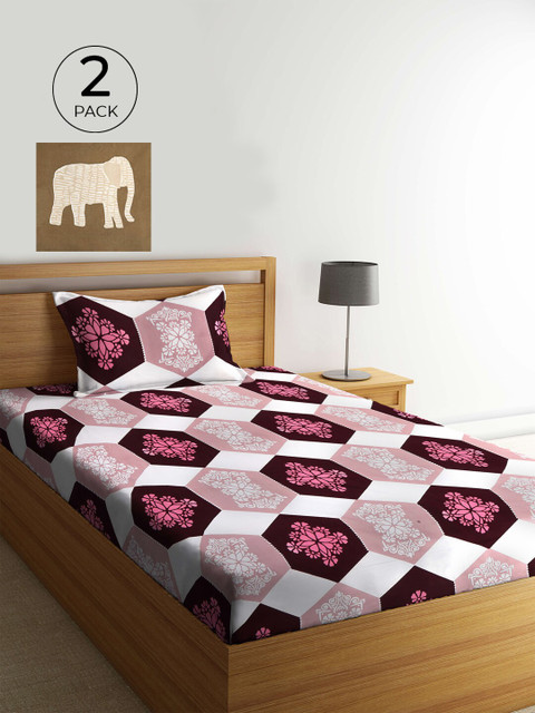 

KLOTTHE Peach-Coloured & White Ethnic Motifs 210 TC 2 Single Bedsheet with 2 Pillow Covers
