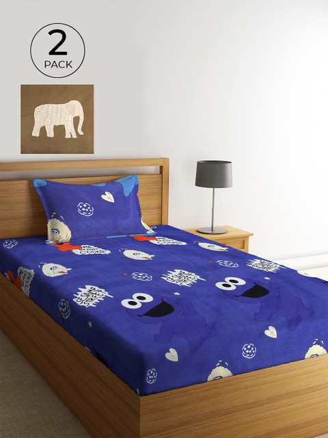 

KLOTTHE Blue & White Cartoon Characters 210 TC 2 Single Bedsheet with 2 Pillow Covers