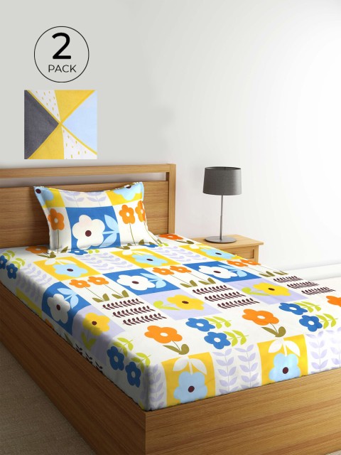 

KLOTTHE White & Yellow Floral 210 TC 2 Single Bedsheet with 2 Pillow Covers
