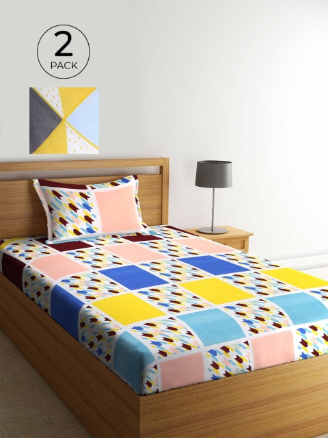 

KLOTTHE White & Yellow Geometric 210 TC 2 Single Bedsheet with 2 Pillow Covers