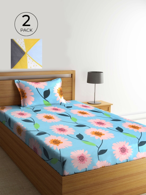 

KLOTTHE Blue & Pink Floral 210 TC 2 Single Bedsheet with 2 Pillow Covers