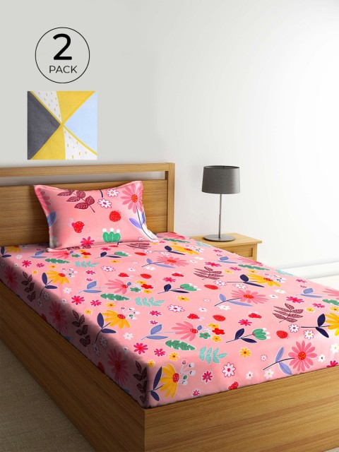 

KLOTTHE White & Pink Floral 210 TC 2 Single Bedsheet with 2 Pillow Covers