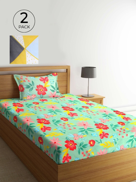 

KLOTTHE Green & Red Floral 210 TC 2 Single Bedsheet with 2 Pillow Covers