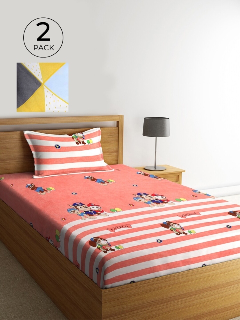 

KLOTTHE Pink & White Cartoon Characters 210 TC 2 Single Bedsheet with 2 Pillow Covers