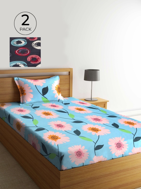 

KLOTTHE Blue & Pink Floral 210 TC 2 Single Bedsheet with 2 Pillow Covers