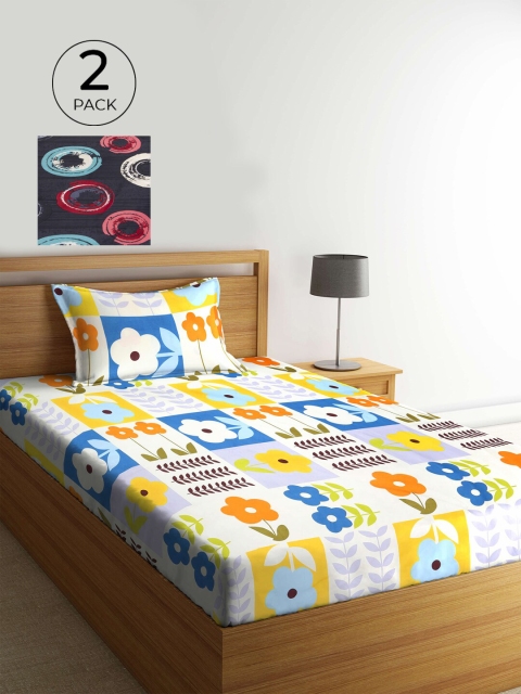 

KLOTTHE White & Blue Floral 210 TC 2 Single Bedsheet with 2 Pillow Covers