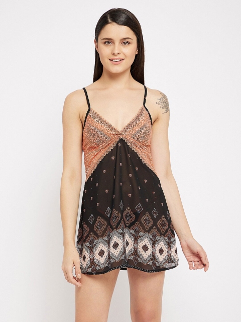 

Clovia Women Black & Peach-Coloured Printed Sheer Baby Doll NS1408P13S