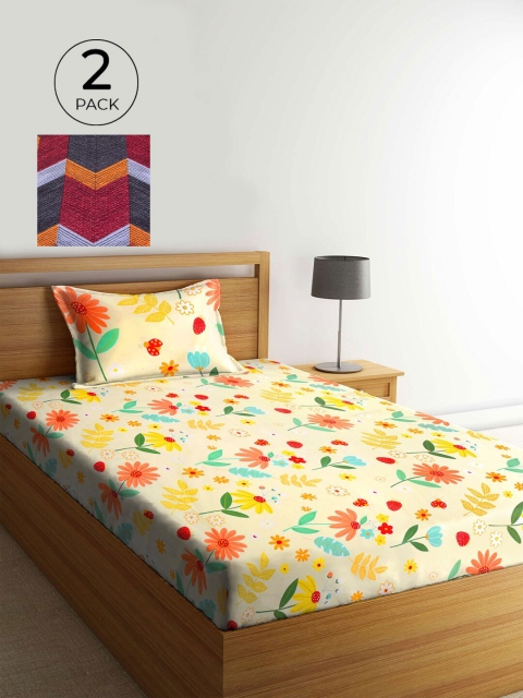 

KLOTTHE Yellow & Maroon Floral 210 TC 2 Single Bedsheet with 2 Pillow Covers
