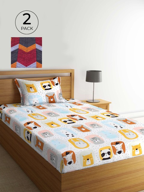

KLOTTHE White & Red Cartoon Characters 210 TC 2 Single Bedsheet with 2 Pillow Covers