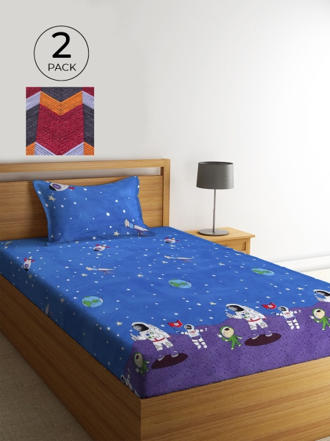 

KLOTTHE Blue & Red Conversational 210 TC 2 Single Bedsheet with 2 Pillow Covers