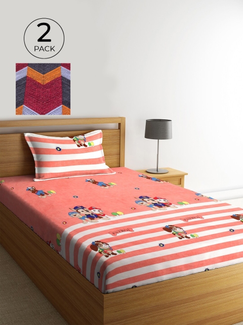 

KLOTTHE Pink & Maroon Cartoon Characters 210 TC 2 Single Bedsheet with 2 Pillow Covers