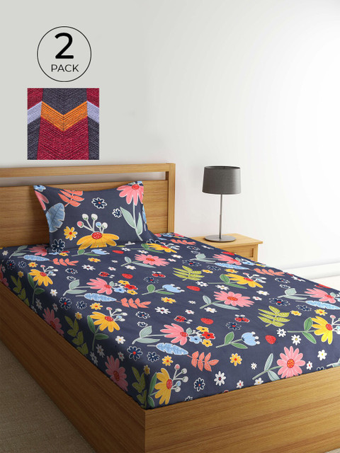 

KLOTTHE Multicoloured Floral 210 TC 2 Single Bedsheet with 2 Pillow Covers, Multi
