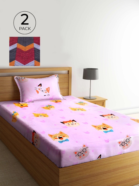 

KLOTTHE Pink & Red Cartoon Characters 210 TC 2 Single Bedsheet with 2 Pillow Covers