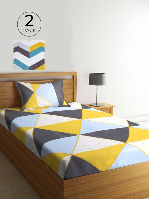

KLOTTHE White & Yellow Geometric 210 TC 2 Single Bedsheet with 2 Pillow Covers