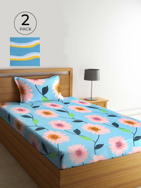 

KLOTTHE Blue & Pink Floral 210 TC 2 Single Bedsheet with 2 Pillow Covers
