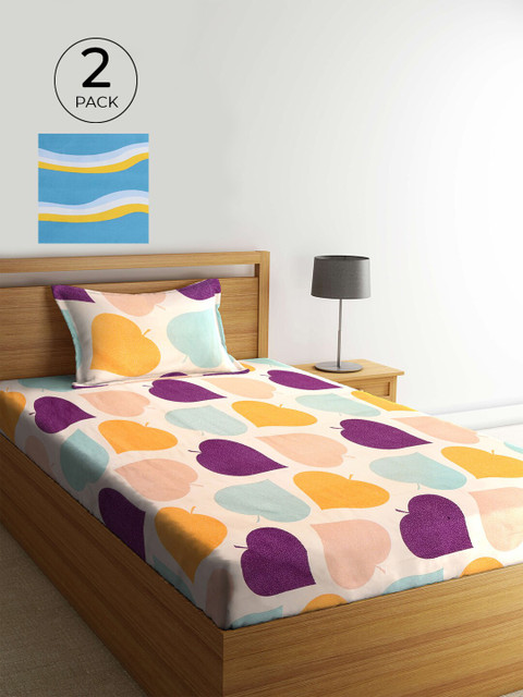 

KLOTTHE Multicoloured Floral 210 TC 2 Single Bedsheet with 2 Pillow Covers, Peach