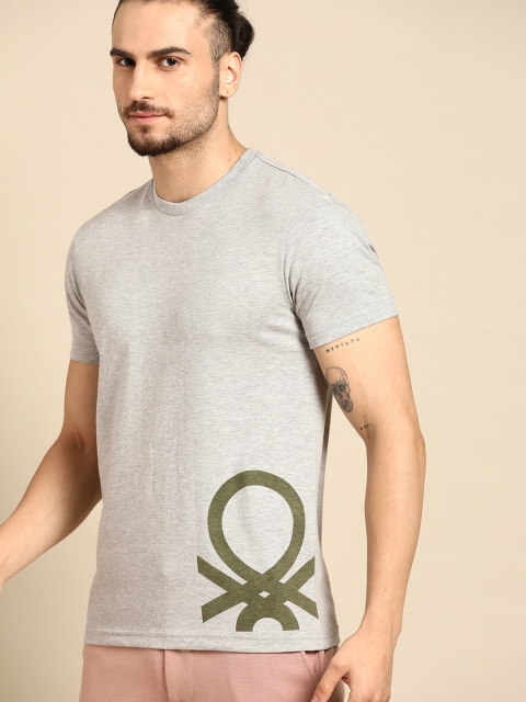 

United Colors of Benetton Men Grey Melange & Olive Green Brand Logo Print T-shirt