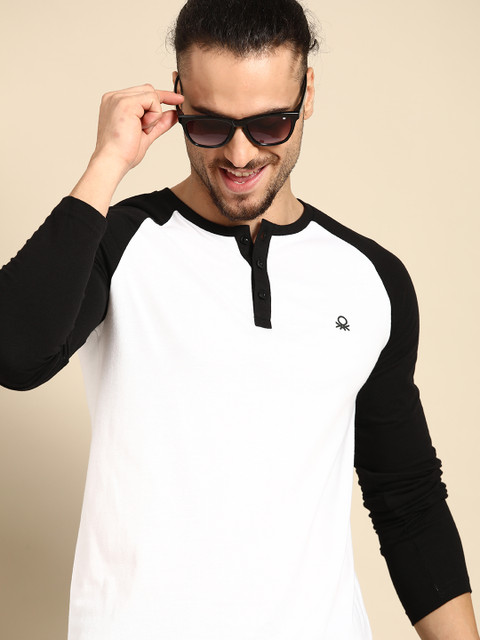 

United Colors of Benetton Men White & Black Solid Henley Neck T-shirt