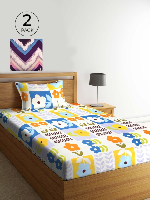 

KLOTTHE White & Blue Geometric 210 TC 2 Single Bedsheet with 2 Pillow Covers
