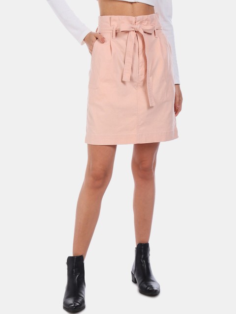 

GAP Women Solid Light Pink Tie-Belt Paperbag Waist Skirt