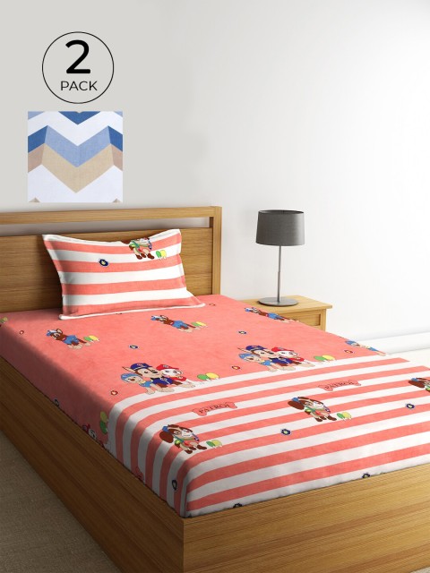 

KLOTTHE Cartoon Characters 210 TC 2 Single Bedsheet with 2 Pillow Covers, Peach