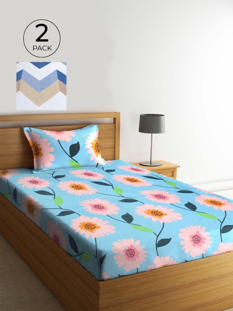

KLOTTHE Blue & White Floral 210 TC 2 Single Bedsheets with 2 Pillow Covers
