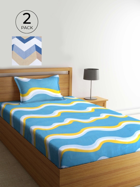 

KLOTTHE Blue & White Geometric 210 TC 2 Single Bedsheets with 2 Pillow Covers