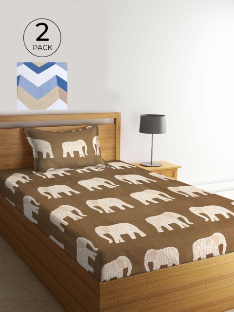 

KLOTTHE Brown & White Ethnic Motifs 210 TC 2 Single Bedsheets with 2 Pillow Covers