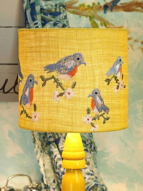

green girgit Yellow & Blue Birds Embroidered Fabric Contemporary Table Lamp Shade
