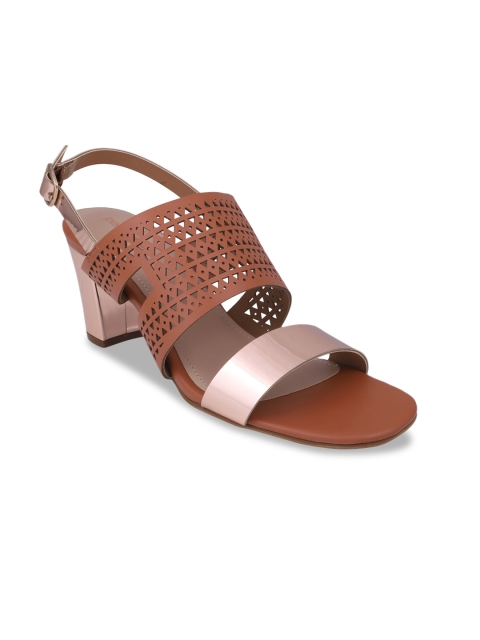 

pelle albero Tan & Rose Gold Block Sandals with Laser Cuts