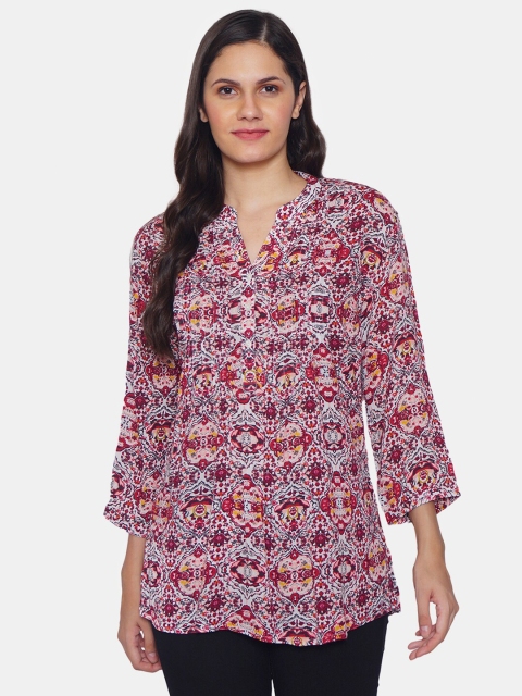 

IX IMPRESSION Maroon Floral Mandarin Collar Crepe Regular Top