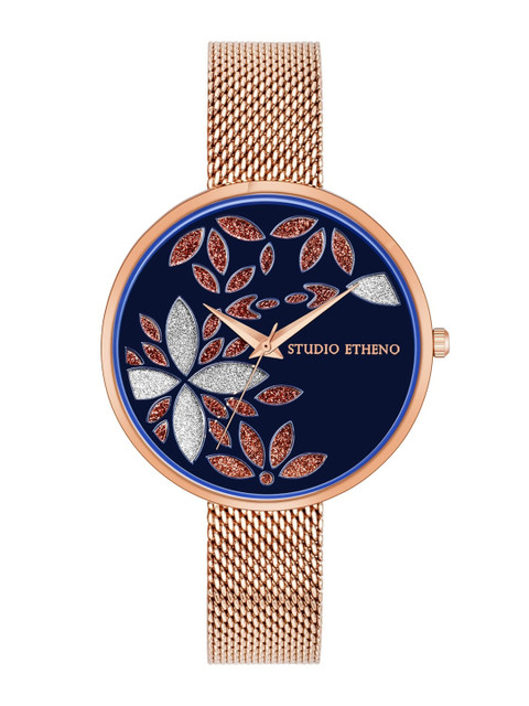 

STUDIO ETHENO Women Blue Brass Embellished Dial & Rose Gold-Plated Stainless Steel Bracelet Style Straps Watch