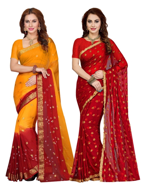 

Ishin Pack of 2 Red & Yellow Ethnic Motifs Woven Design Sarees