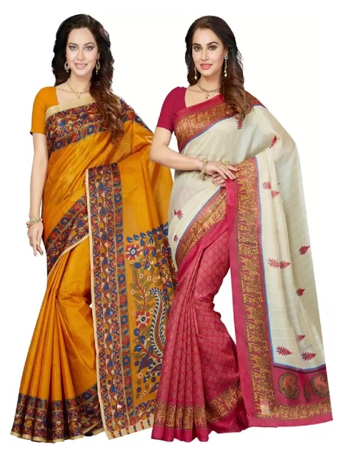 

Ishin Pack of 2 Yellow & Off White Ethnic Motifs Printed Art Silk Bhagalpuri Sarees