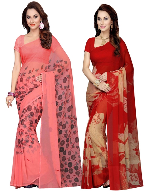 Ishin Pack of 2 Pink & Red Floral Printed Sarees