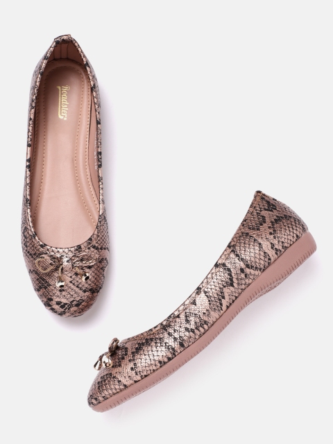 

Roadster Women Rose Gold-Toned & Black Snakeskin Print Ballerinas with Bows Detail