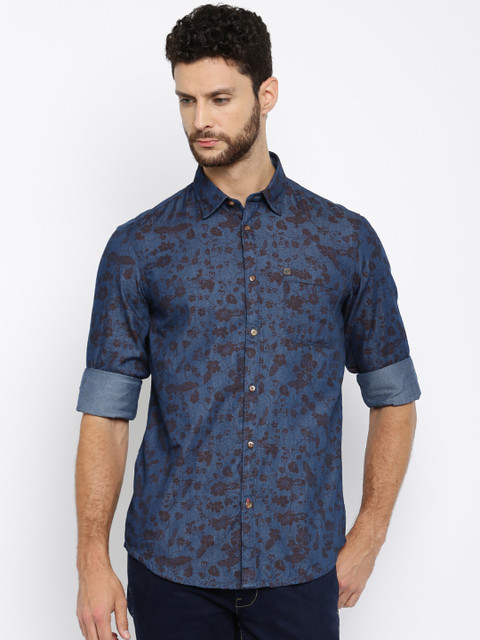 

Arrow Blue Jean Co. Men Navy Denim Slim Fit Floral Print Casual Shirt, Navy blue