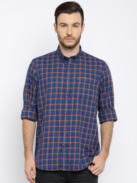 

Arrow Blue Jean Co. Men Blue & Mustard Yellow Slim Fit Checked Casual Shirt