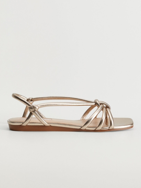 

MANGO Women Muted Gold-Toned Knot Detail Open Toe Flats