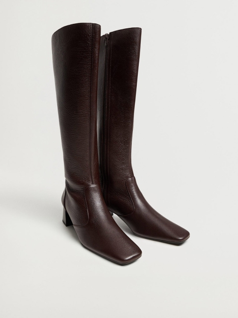 

MANGO Coffee Brown Leather High-Top Block Heeled Boots