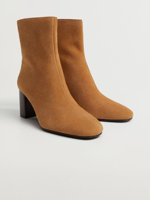 

MANGO Camel Brown Leather Block Heeled Boots