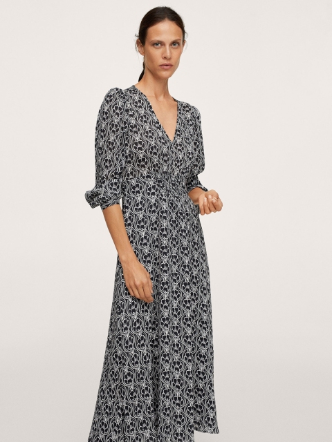 

MANGO Black & White Ethnic Motifs A-Line Midi Dress
