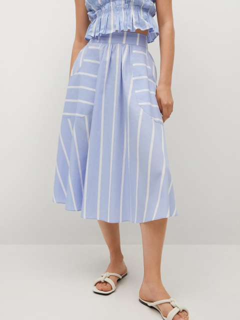 

MANGO Women Blue & White Striped Pure Cotton A-Line Midi Skirt
