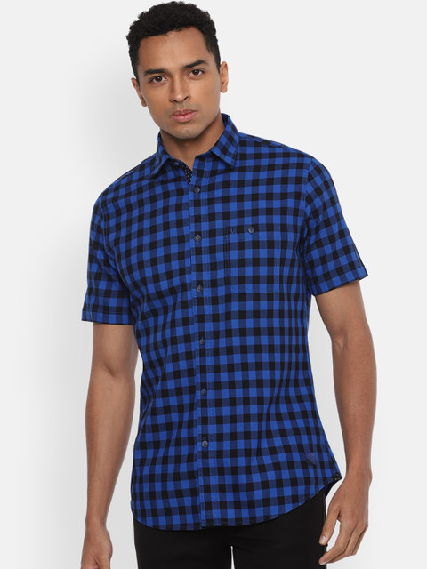 

VAN HEUSEN DENIM LABS Men Blue Slim Fit Buffalo Checks Checked Pure Cotton Casual Shirt