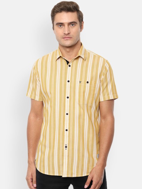 

VAN HEUSEN DENIM LABS Men Yellow Slim Fit Opaque Striped Pure Cotton Casual Shirt