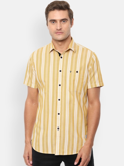 

VAN HEUSEN DENIM LABS Men Yellow Slim Fit Opaque Striped Pure Cotton Casual Shirt