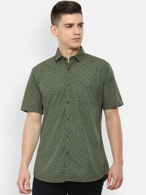 

VAN HEUSEN DENIM LABS Men Olive Green Slim Fit Opaque Printed Pure Cotton Casual Shirt