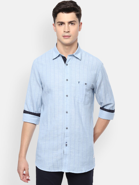 

VAN HEUSEN DENIM LABS Men Blue Slim Fit Opaque Striped Pure Cotton Casual Shirt