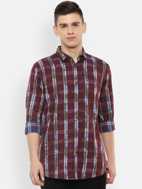 

VAN HEUSEN DENIM LABS Men Maroon Slim Fit Opaque Checked Pure Cotton Casual Shirt
