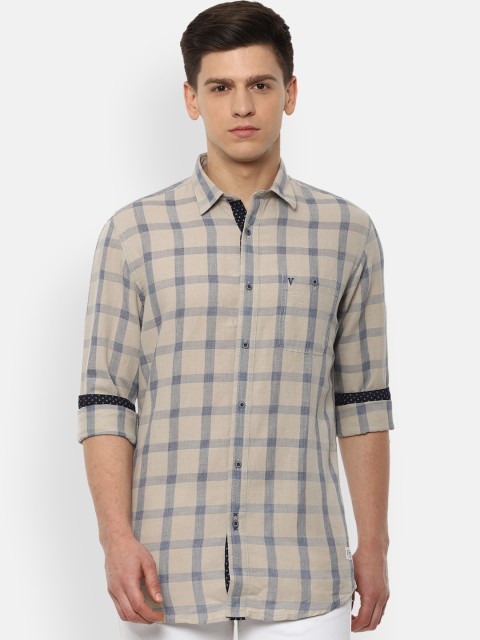 

VAN HEUSEN DENIM LABS Men Beige Slim Fit Opaque Checked Pure Cotton Casual Shirt